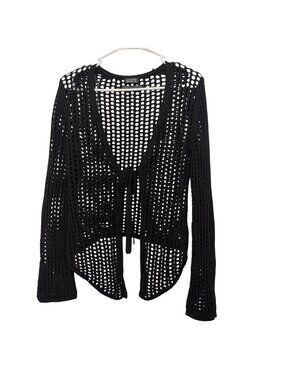 Ecote Black Open Knit Tie-Front Cardigan Sweater Size S/P Acrylic Cotton Blend